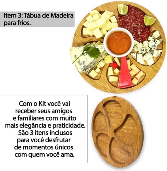 Kit Petisqueira Redonda Madeira + 4 Facas Queijo + 4 Peças Vinho Com Molheira Ramekin e Garfinhos p/Petisco