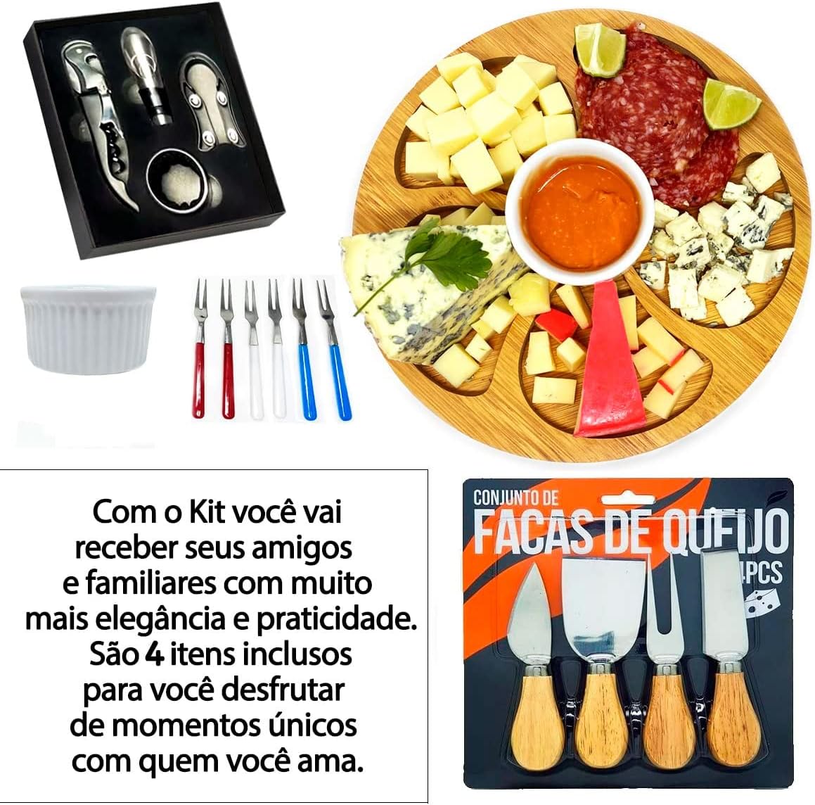 Kit Petisqueira Redonda Madeira + 4 Facas Queijo + 4 Peças Vinho Com Molheira Ramekin e Garfinhos p/Petisco