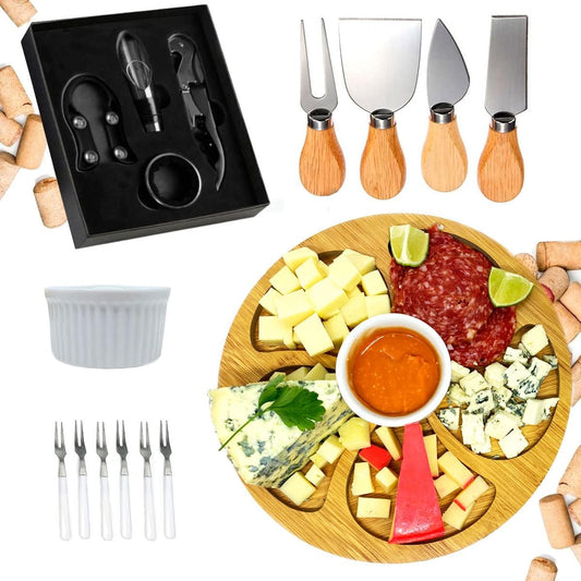 Kit Petisqueira Redonda Madeira + 4 Facas Queijo + 4 Peças Vinho Com Molheira Ramekin e Garfinhos p/Petisco