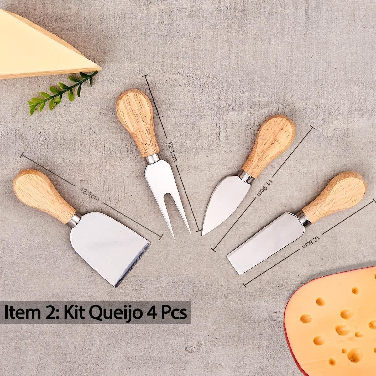 Kit Petisqueira Redonda Madeira + 4 Facas Queijo + 4 Peças Vinho Com Molheira Ramekin e Garfinhos p/Petisco